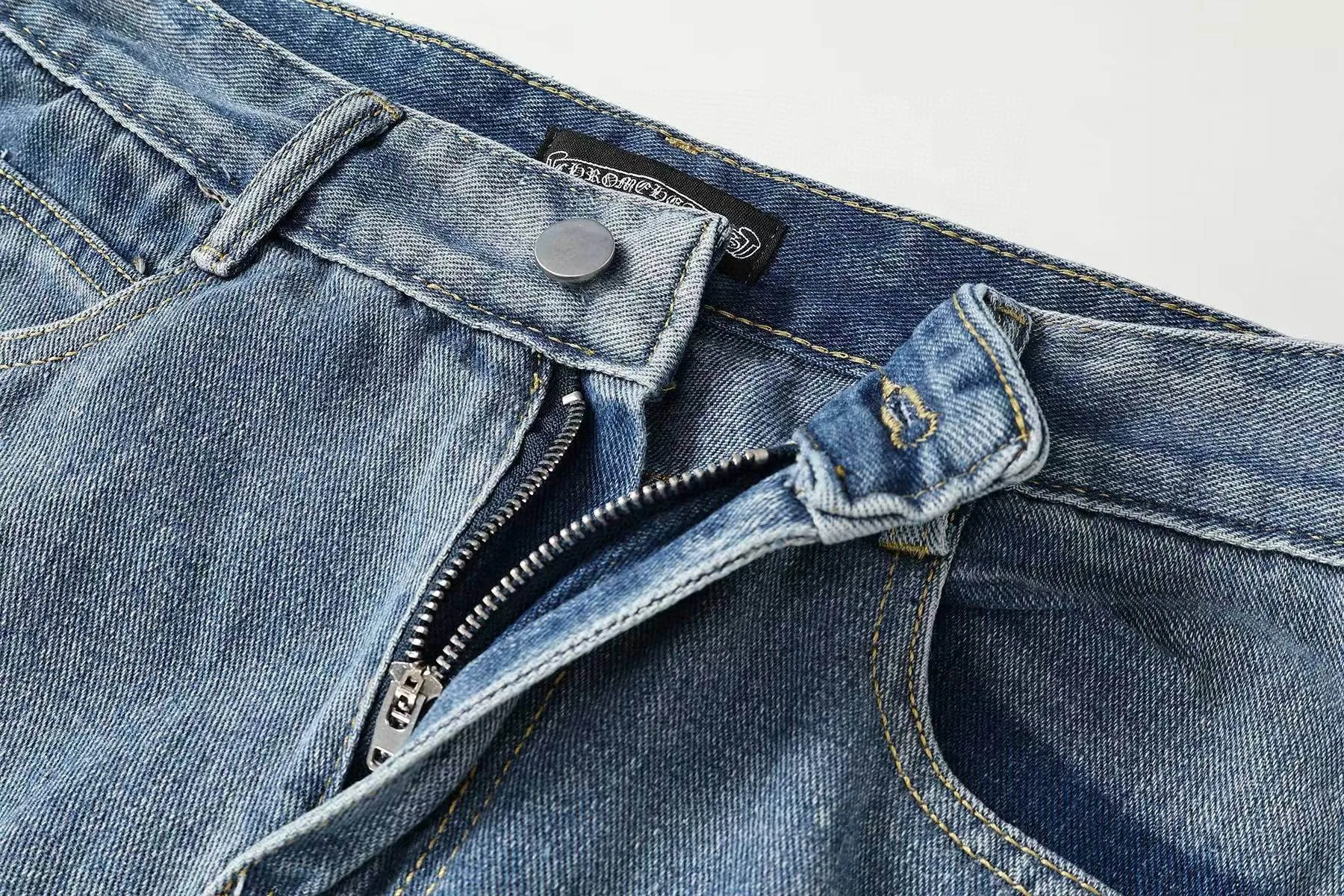 P270 Chrome Hearts/Chrome Hearts Classic Color Leather Cross Washed Color Fabric Unisex Denim Trousers Color: Picture Color Code Number: 28-36